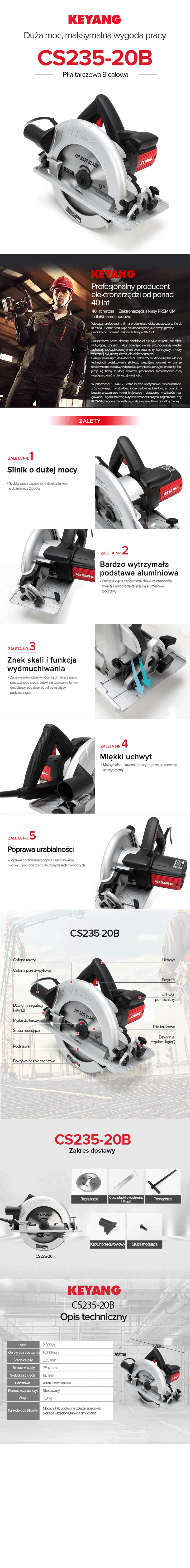 Keyang CS235-20B Pilarka tarczowa 235mm 2000W - z ulepszonymi funkcjami bezpieczeństwa