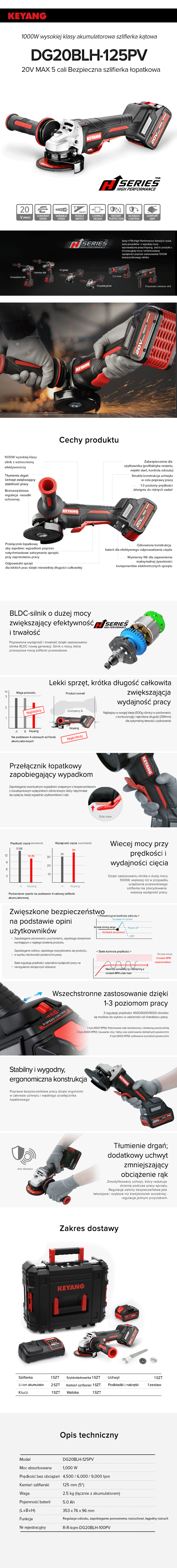Keyang DG20BLH-125PV Akumulatorowa szlifierka kątowa z przełącznikiem łopatkowym – 18 V 5,0 Ah