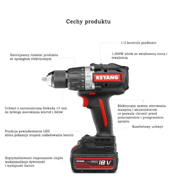 Akumulatorowa wiertarko-wkrętarka udarowa Keyang DM20BLH100E