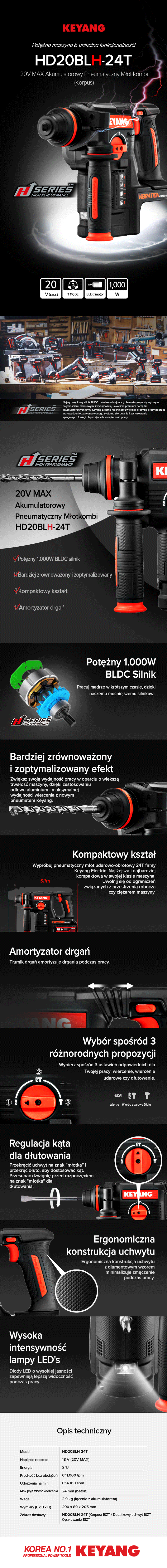 Keyang HD20BLH-24T Akumulatorowy Kombimłot – SDS-Plus – 18 V (20 V MAX) – KORPUS