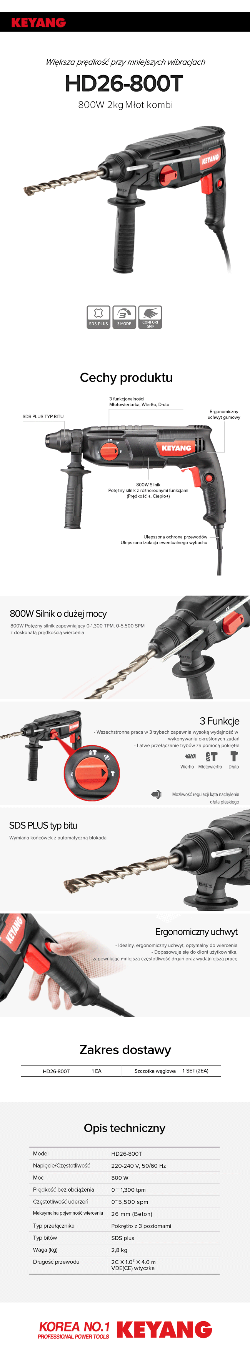 Keyang HD26-800T Kombi młot 800W - SDS-PLUS - 2Kg