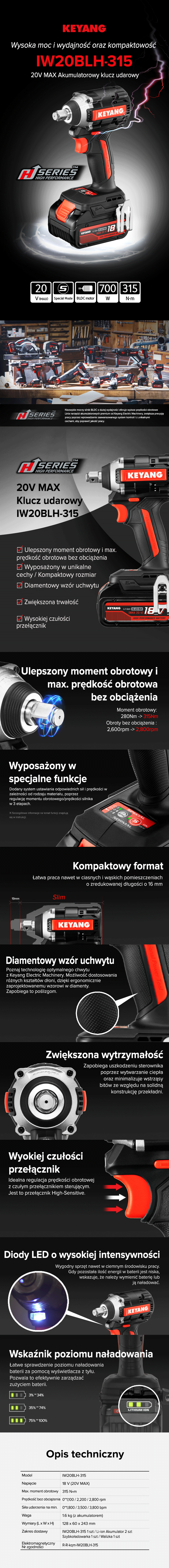 Keyang IW20BLH-315 Akumulatorowy klucz udarowy 315Nm - 18V (20V MAX) - 2×5.0Ah