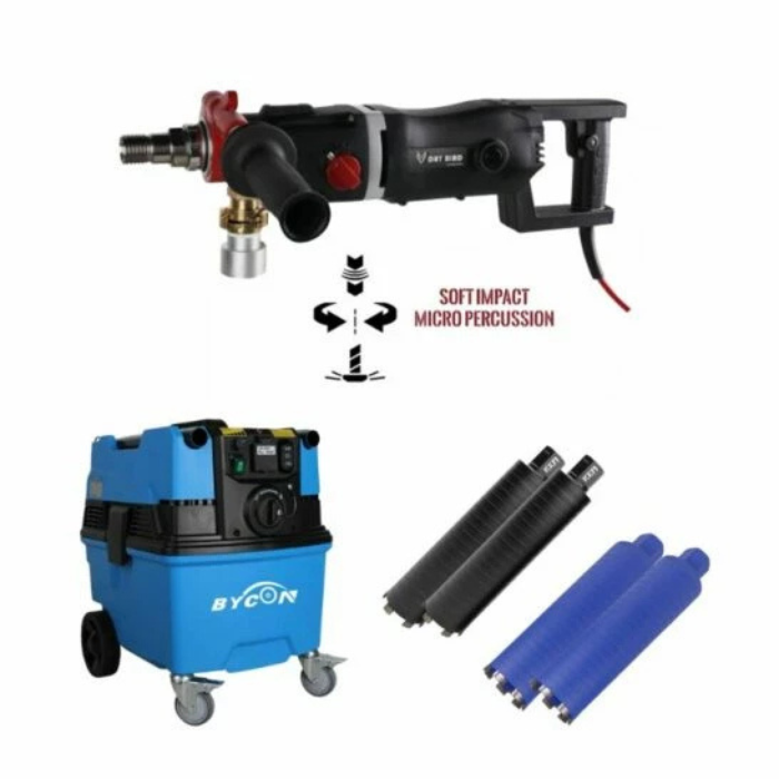 BYCON DB-162 Wiertnica diamentowa na sucho ZESTAW z odkurzaczem AVC38-HEPA + wiertłami diamentowymi 1 1/4” 82×300 i 82×450 mm