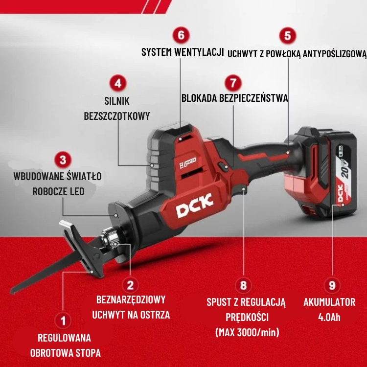 DCK Tools Akumulatorowa piła szablasta KDJF22 20 V 22 mm 3000 SPM – 1 x 4,0 Ah (6)