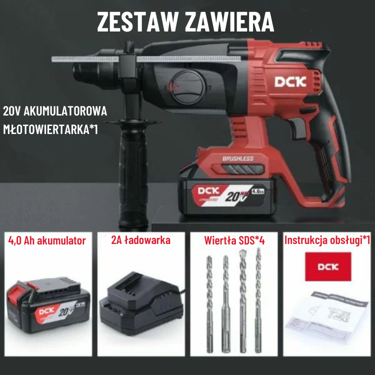 DCK Tools Młotowiertarka udarowa akumulatorowa SDS-Plus 20V 24 mm 2,7 J – 1 x 4,0 Ah KDZC04-24