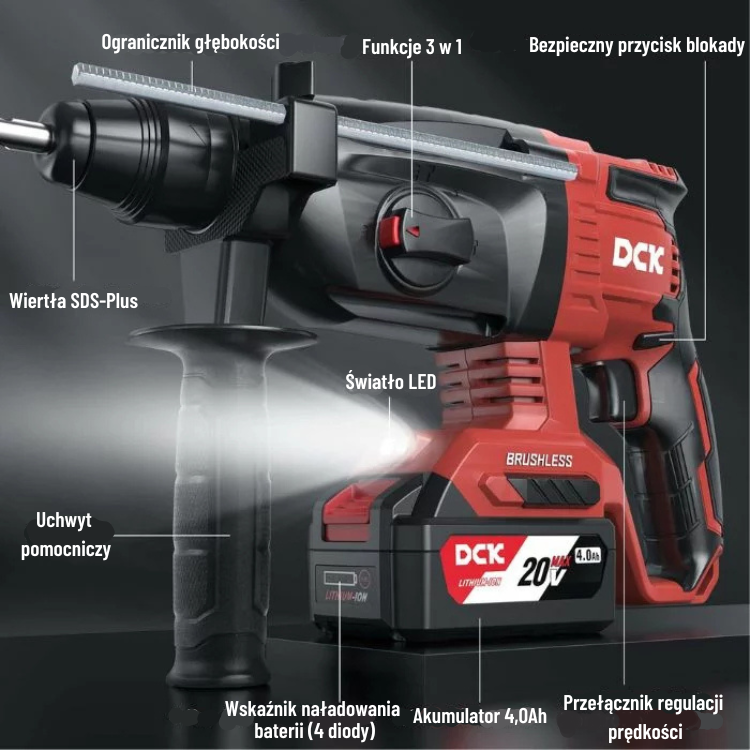 DCK Tools Młotowiertarka udarowa akumulatorowa SDS-Plus 20V 24 mm 2,7 J – 1 x 4,0 Ah KDZC04-24 (8)