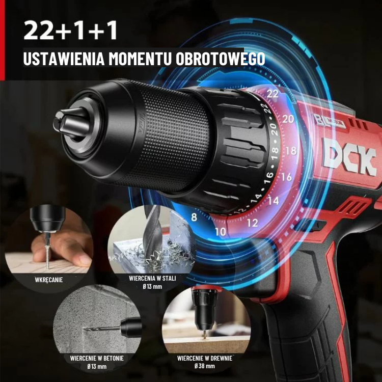 DCK Tools Wiertarko-wkrętarka akumulatorowa KDJZ05-13 20V 13mm 60Nm – 1 x 4,0Ah (5)